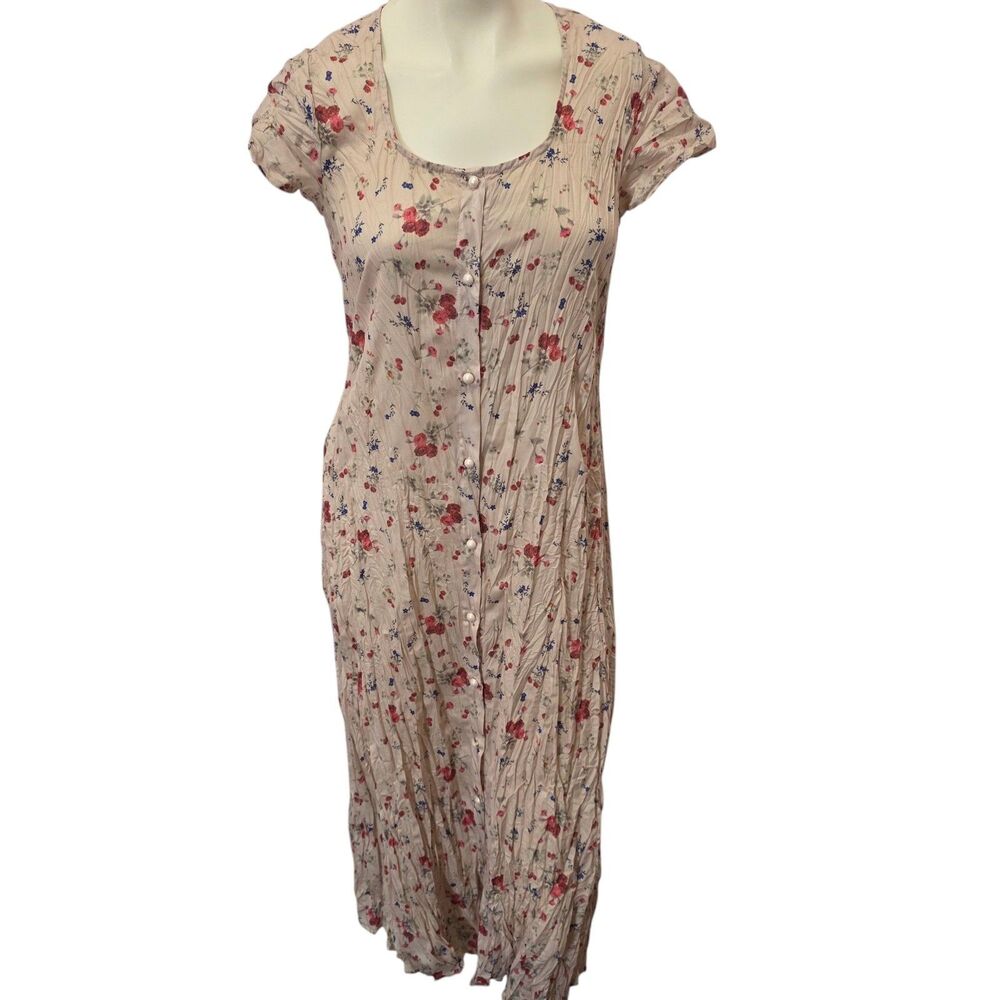 Womens S Beige Floral Crinkle Midi Dress Cottagecore Button Front‎ Short Sleeve